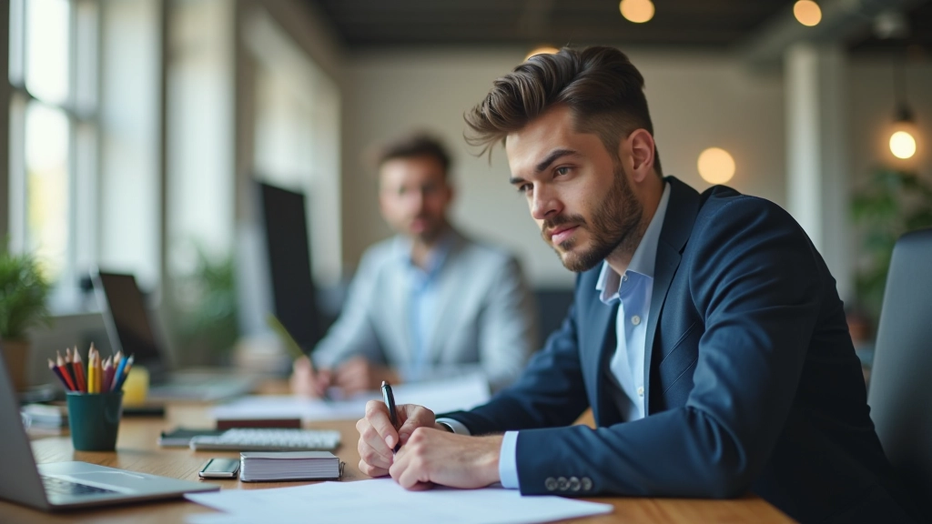 Entrepreneur concentrat la birou, zona de lucru curată și organizată, fără distrații vizuale