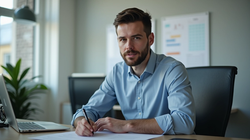 Antreprenor la birou cu planificator, ceas și sarcini vizibile pe perete