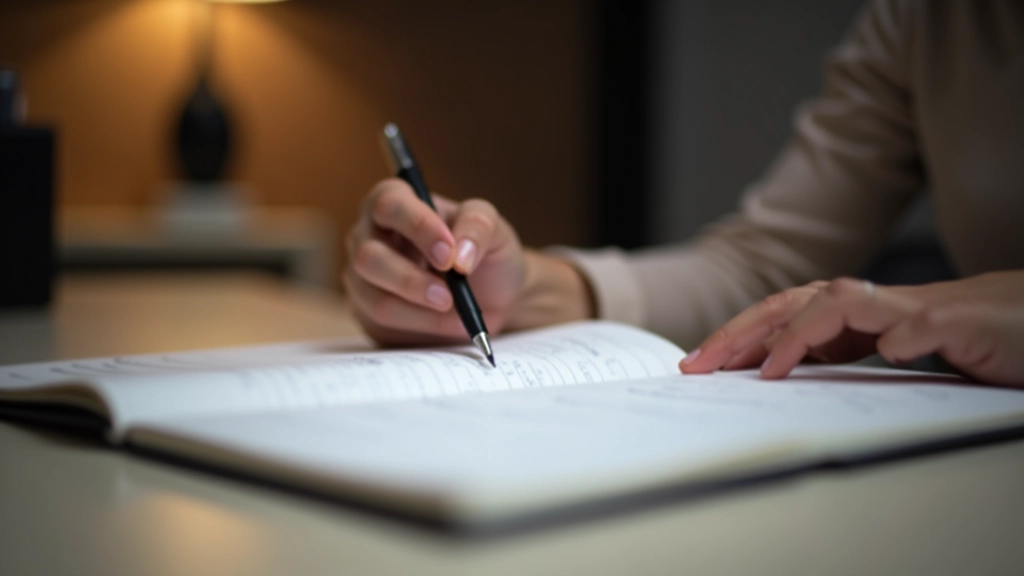 Mâini scriu în planificatorul zilei cu pix și notații