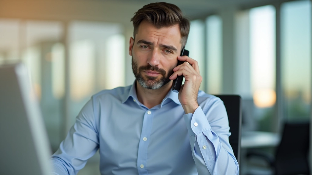 Antreprenor la telefon, gestionând urgent, birou în fundal, expresie focusată