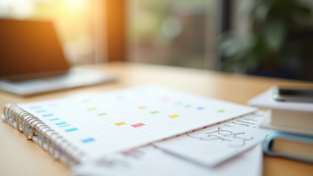 Planificator de birou cu blocuri de timp marcate clar, culori diferite pentru activități, organizare vizuală