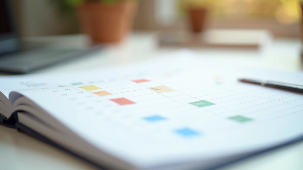 Calendar săptămânal cu blocuri de timp colorate și structurate, planificare vizuală a productivității